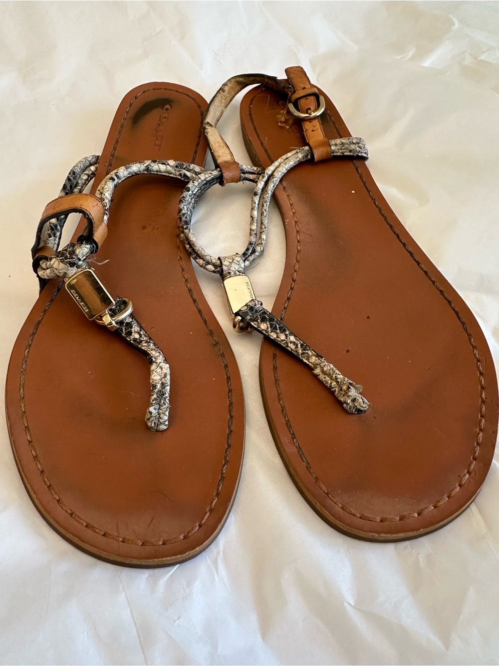 Coach Brown Leather T-Strap Sandals with Snake-Print Trim